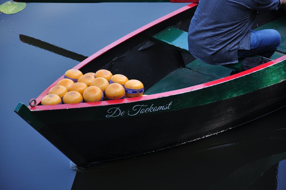 A boat carrying cheese with a person on a canal in the Netherlands.
