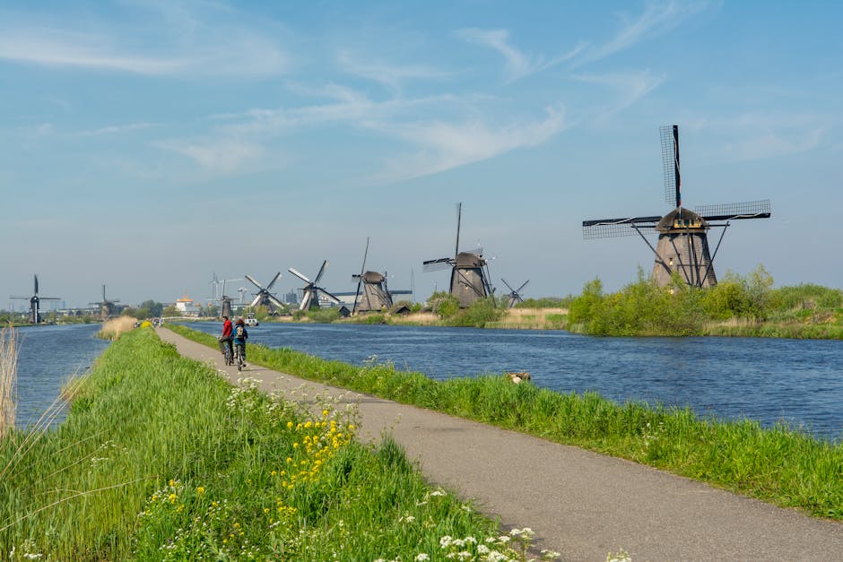 Beautiful summer day at Kinderdijk with cyclists on the canal path and iconic windmills in view.